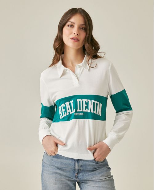 Camiseta de Mujer Moda Silueta Recta Cuello Media Perilla Bloque de Color con Bordado en Algodón