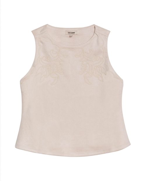 Blusa de Mujer Moda Silueta Recta Manga Sisa con Bordados Tela Suede en Mezcla de Poliéster