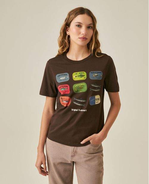 Camiseta de Mujer Gráfica Slim Fit Cuello Redondo con Estampado Caviar en Algodón