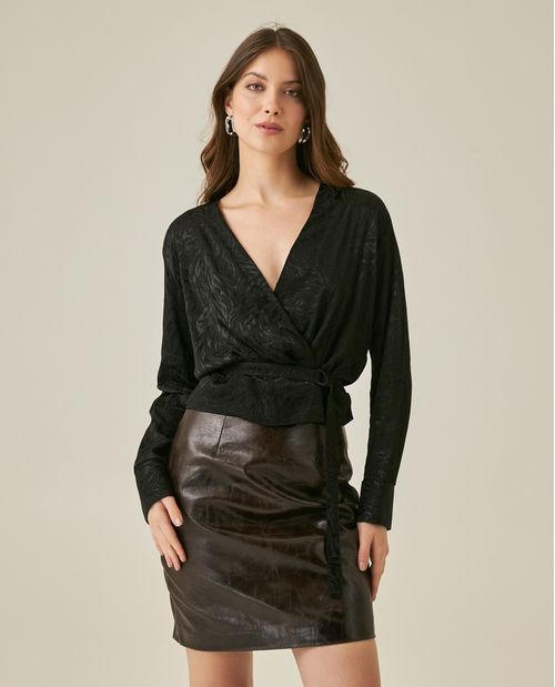 Blusa de Mujer Moda Semi Amplia Escote Cruzado con Cinturón Media Lunas Jacquard Brillo en Mezcla de Viscosa
