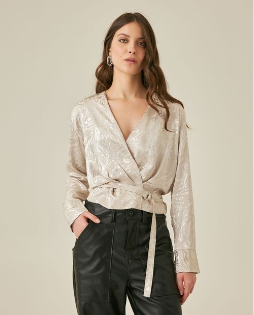 Blusa de Mujer Moda Semi Amplia Escote Cruzado con Cinturón Media Lunas Jacquard Brillo en Mezcla de Viscosa