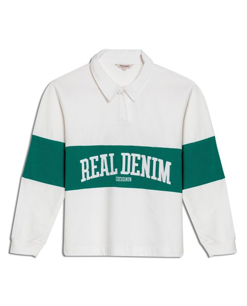 Camiseta de Mujer Moda Silueta Recta Cuello Media Perilla Bloque de Color con Bordado en Algodón