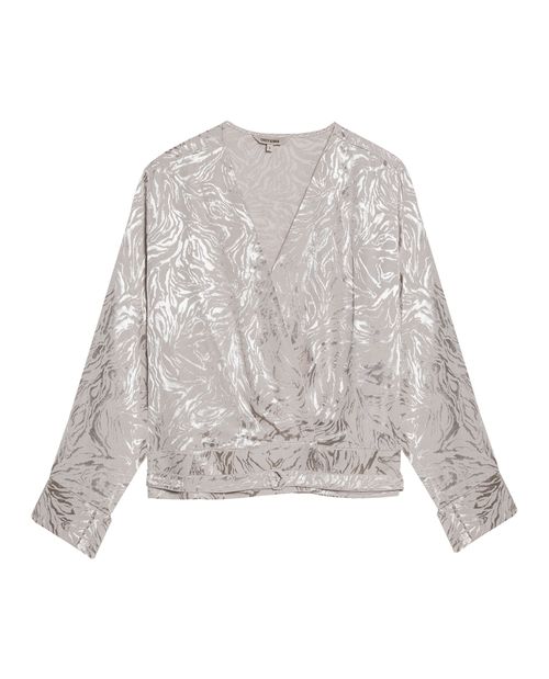 Blusa de Mujer Moda Semi Amplia Escote Cruzado con Cinturón Media Lunas Jacquard Brillo en Mezcla de Viscosa