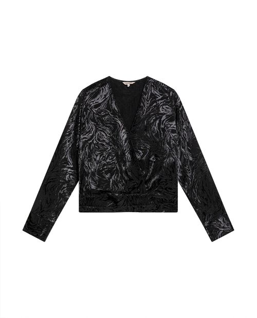 Blusa de Mujer Moda Semi Amplia Escote Cruzado con Cinturón Media Lunas Jacquard Brillo en Mezcla de Viscosa