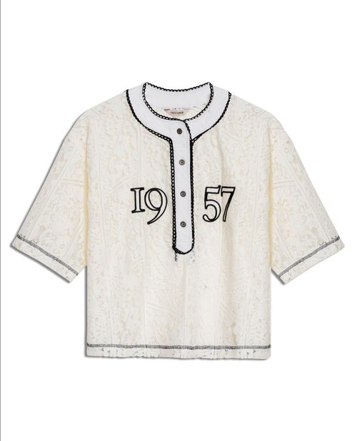 Camiseta de Mujer Moda Oversized Popelina Transparente Patrón Flores con Parches Bordados en Mezcla de Nylon