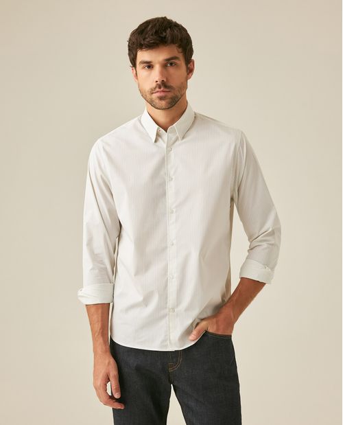 Camisa de Hombre Manga Larga Classic Fit Rayas Microtexturizadas Preteñidas en Mezcla de Algodón y Coolmax