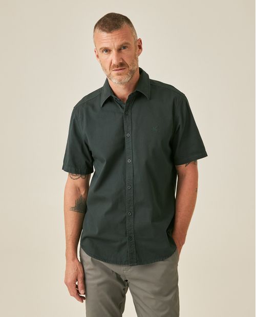 Camisa de Hombre Manga Corta Slim Fit con Pato Bordado Tono a Tono en Algodón Twill