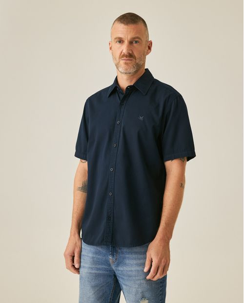 Camisa de Hombre Manga Corta Slim Fit con Pato Bordado Tono a Tono en Algodón Twill