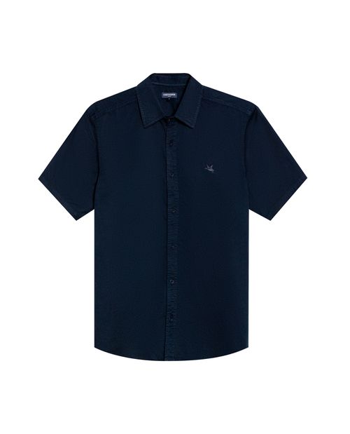 Camisa de Hombre Manga Corta Slim Fit con Pato Bordado Tono a Tono en Algodón Twill
