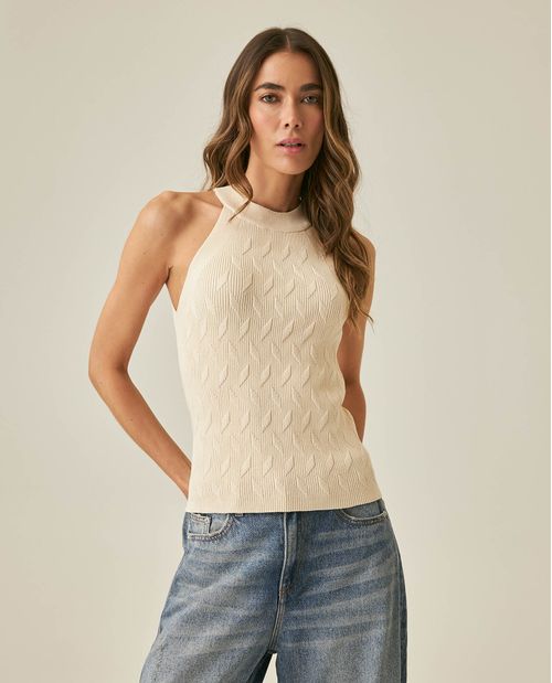 Top de Mujer Tejido Mini Canal Cuello Halter Ajustado en Mezcla de Viscosa