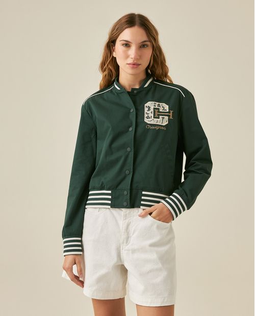 Chaqueta de Mujer Lace Embroidery Look Preppy con C Bordada en Algodón