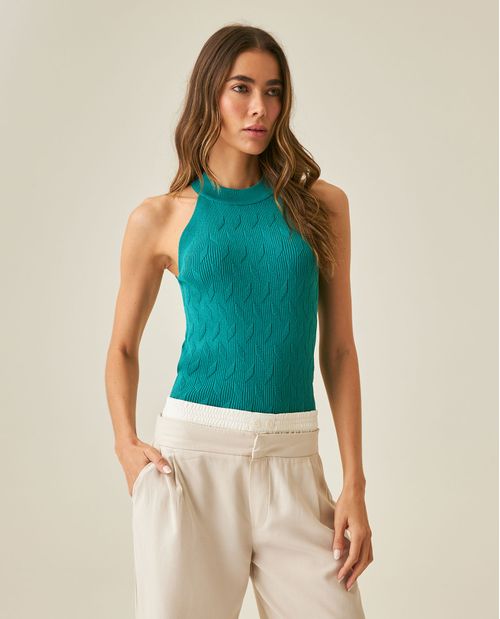 Top de Mujer Tejido Mini Canal Cuello Halter Ajustado en Mezcla de Viscosa