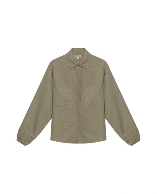 Camisa de Mujer Silueta Amplia con Almilla Posterior Perilla Multiagujas en Mezcla de Lino