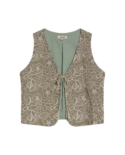 Blusa de Mujer Moda Silueta Recta Parte de Set Escote en V con Cordón Entorchado Bordado Flores en Mezcla de Rayón