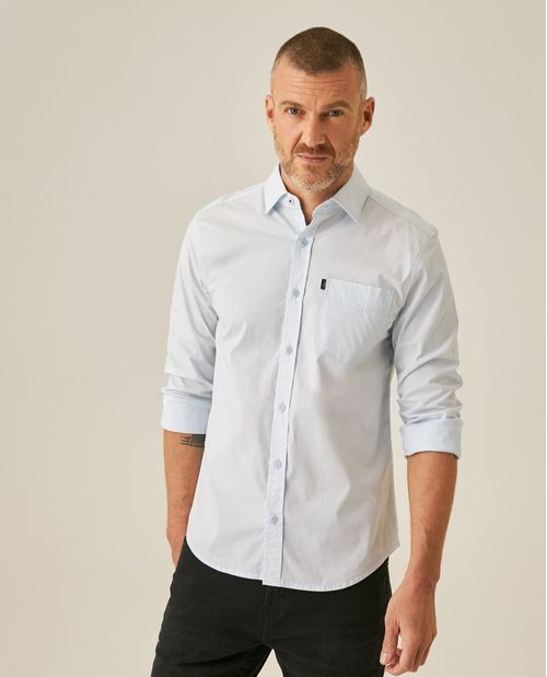 Camisa de Hombre Manga Larga Slim Fit Cuello Abierto en Popelina en Mezcla de Algodón