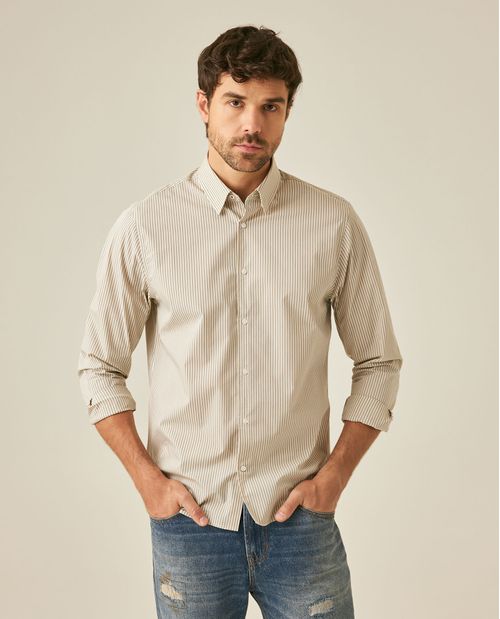 Camisa de Hombre Manga Larga Classic Fit Rayas Microtexturizadas Preteñidas en Mezcla de Algodón y Coolmax
