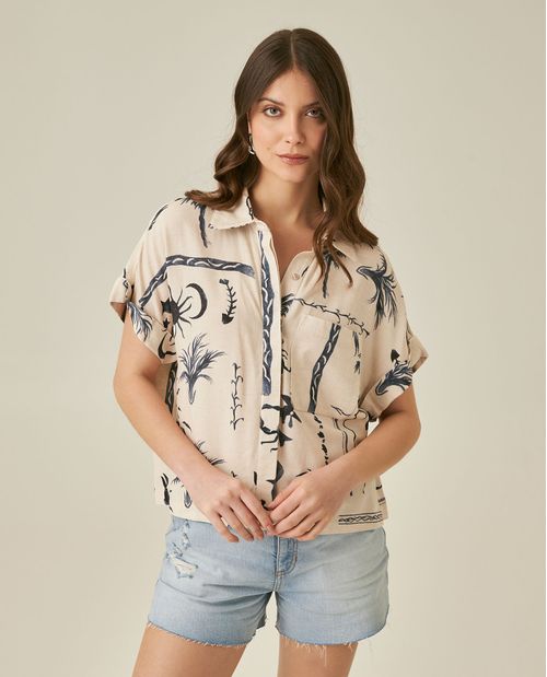 Camisa de Mujer Resort Silueta Oversized Cuello Camisero con Guardapolvo en Mezcla de Viscosa y Lino