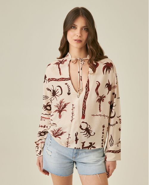 Camisa de Mujer Moda Silueta Amplia Cuello Nerú con Tiras Metálicas Estampada en Mezcla de Viscosa y Lino