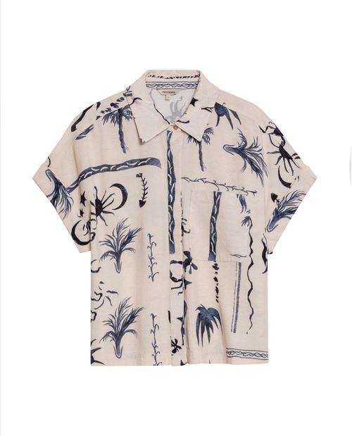 Camisa de Mujer Resort Silueta Oversized Cuello Camisero con Guardapolvo en Mezcla de Viscosa y Lino