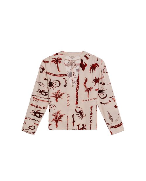 Camisa de Mujer Moda Silueta Amplia Cuello Nerú con Tiras Metálicas Estampada en Mezcla de Viscosa y Lino