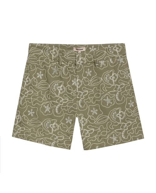 Short de Mujer Chino Silueta Recta con Bordado Continuo Flores en Mezcla de Rayón y Lino
