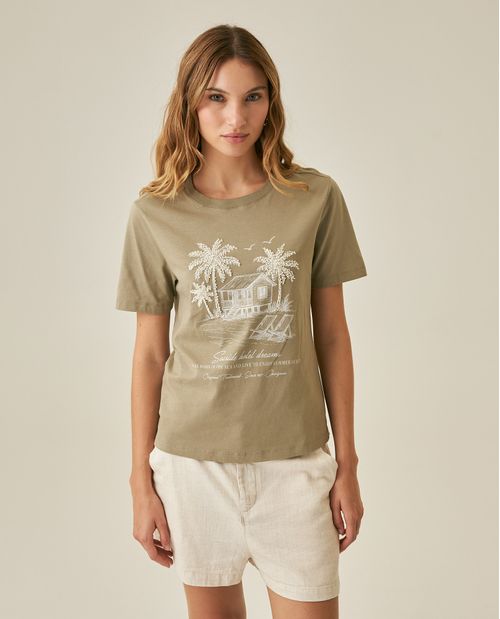 Camiseta de Mujer Gráfica Slim Fit Cuello Redondo con Bordado y Piedras Verano en Algodón