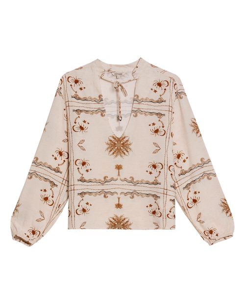 Camisa de Mujer Moda Silueta Amplia Parte de Set Cuello Nerú con Tiras Metálicas en Mezcla de Viscosa y Lino