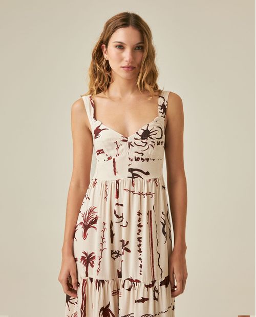 Vestido de Mujer Midi Silueta Línea A con Nido de Abeja Espalda en Mezcla de Viscosa y Lino