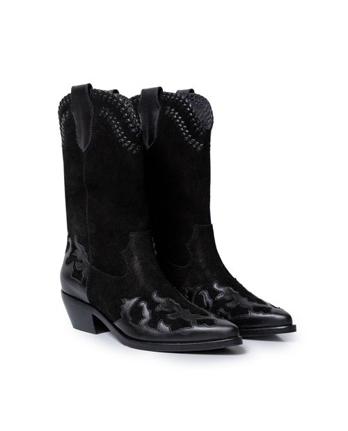 Botas de Mujer Texanas Caña Media Sobrepuestos Anilina en Cuero Carnaza y Plena Flor