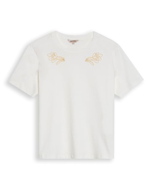 Camiseta de Mujer Gráfica Slim Fit Cuello Redondo con Bordado Tipográfico en Algodón