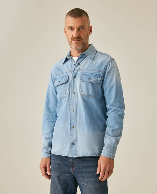 Camisa de Hombre Manga Larga Workwear Lavado Claro Efecto Destroyer en Algodón