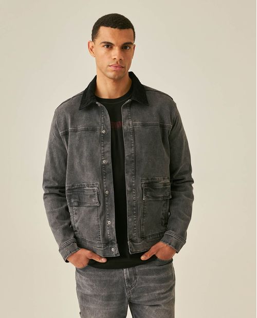 Chaqueta Heritage de Hombre Trucker Silueta Recta Lavado Gris con Cuello en Corduroy en Mezcla de Algodón