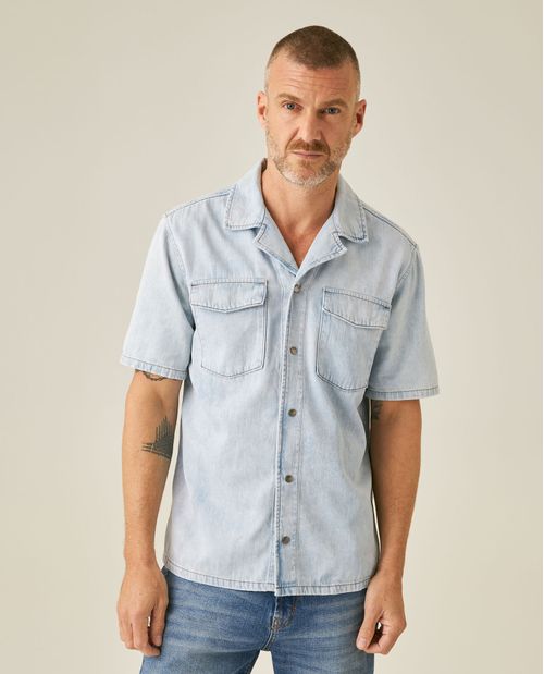 Camisa de Hombre Manga Corta Resort Lavado Claro en Algodón
