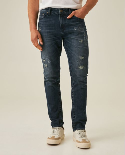 Jean de Hombre Skinny Fit Tiro Medio Lavado Oscuro con Rotos en Mezcla de Algodón Famous