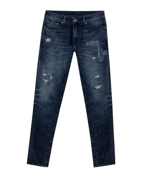 Jean de Hombre Skinny Fit Tiro Medio Lavado Oscuro con Rotos en Mezcla de Algodón Famous
