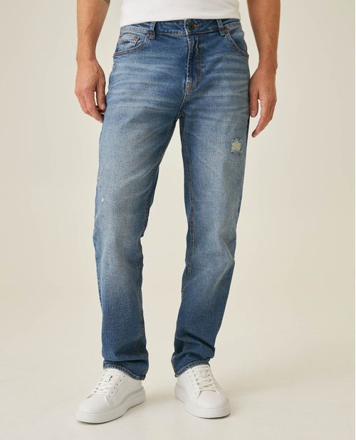 Jean de Hombre Morrison Straight Fit Tiro Medio Lavado Medio con Mini Rotos en Mezcla de Algodón