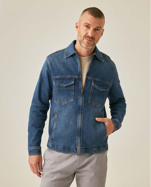 Chaqueta de Hombre Trucker Corte Recto Lavado Medio en Mezcla de Algodón