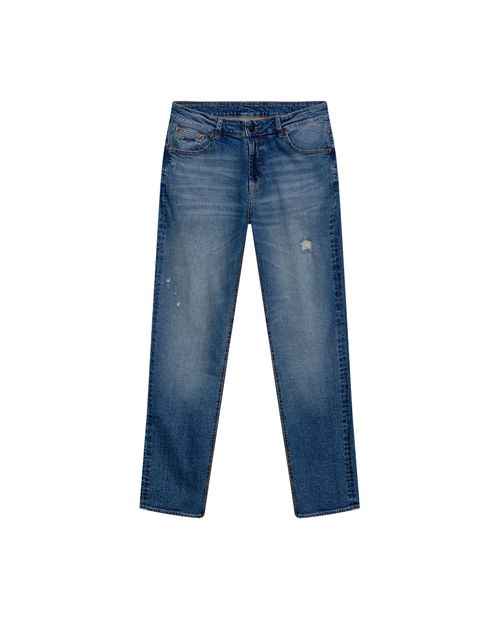 Jean de Hombre Morrison Straight Fit Tiro Medio Lavado Medio con Mini Rotos en Mezcla de Algodón