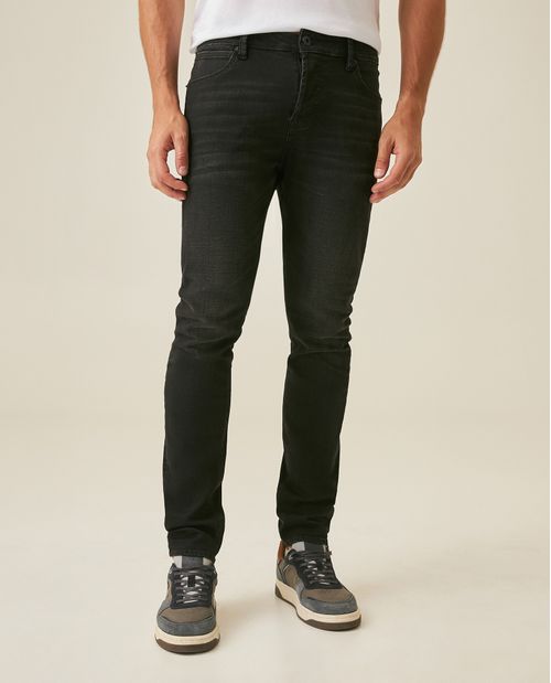 Jean de Hombre Rider Skinny Fit Tiro Bajo Lavado Negro Básico Efecto Desgaste Leve en Mezcla de Algodón