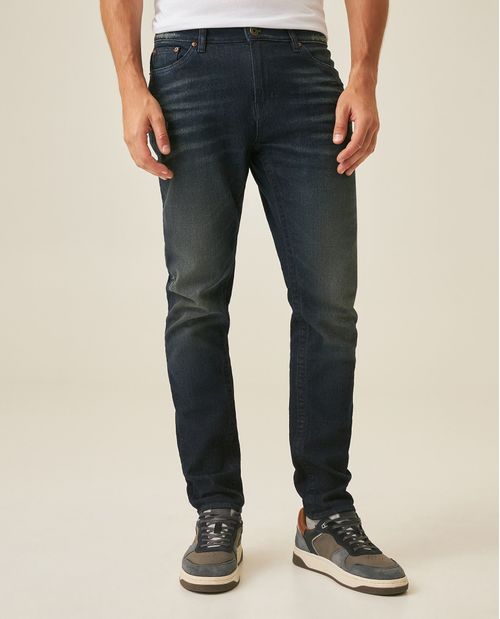 Jean de Hombre Skinny Fit Tiro Medio Lavado Oscuro Clásico con Raspones en Mezcla de Algodón Famous