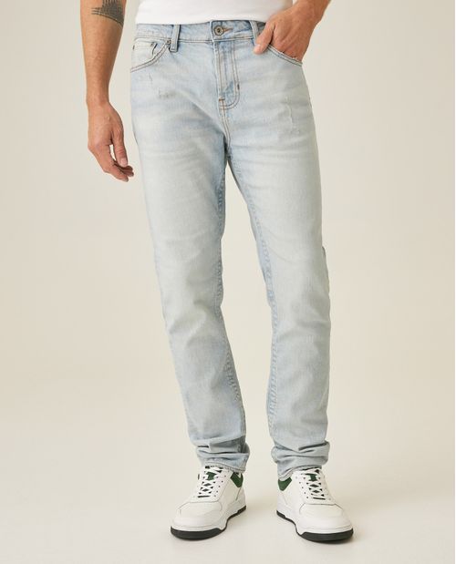 Jean de Hombre Skinny Fit Tiro Medio Lavado Claro con Raspones en Mezcla de Algodón Famous