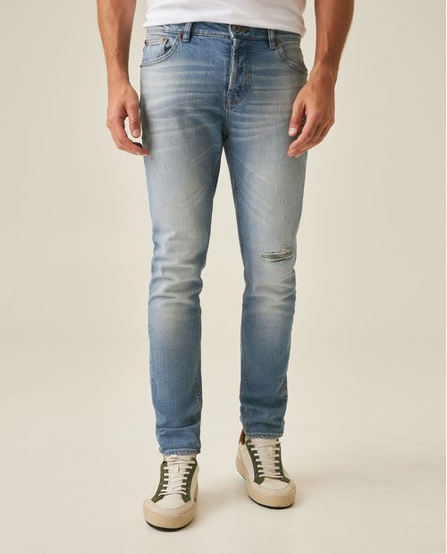 Jean de Hombre Rider Skinny Fit Tiro Bajo Lavado Claro con Rotos y Parches en Mezcla de Algodón