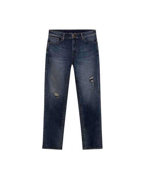 Jean de Hombre Skinny Fit Tiro Medio Lavado Oscuro con Rotos y Parches en Contraste en Mezcla de Algodón Famous