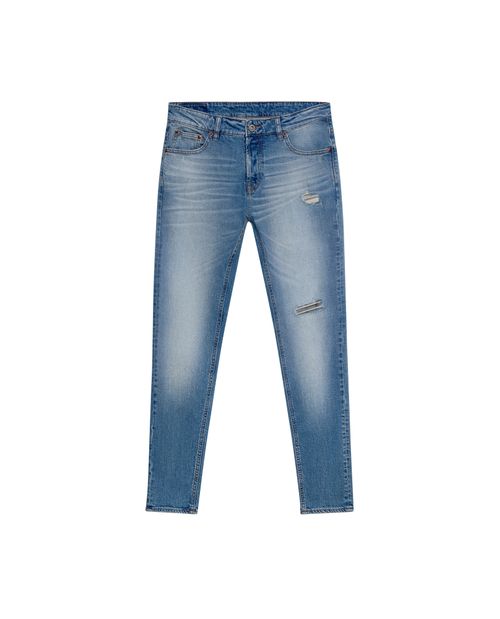 Jean de Hombre Rider Skinny Fit Tiro Bajo Lavado Claro con Rotos y Parches en Mezcla de Algodón