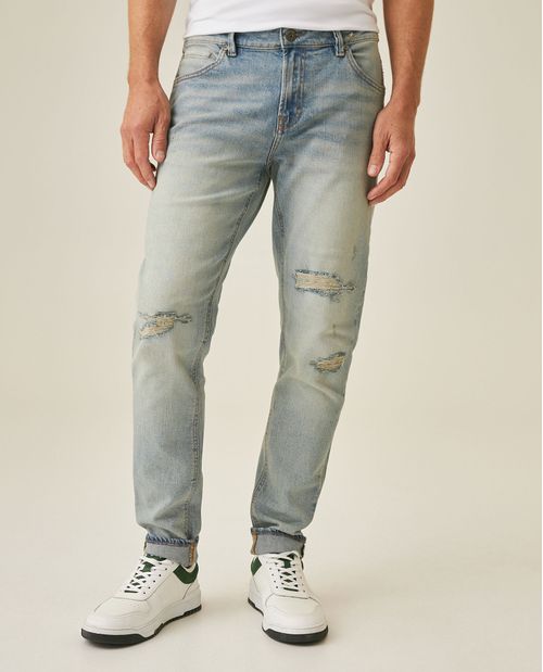 Jean de Hombre Rider Skinny Fit Tiro Bajo Lavado Claro con Rotos, Parches y Estilo Vintage en Mezcla de Algodón