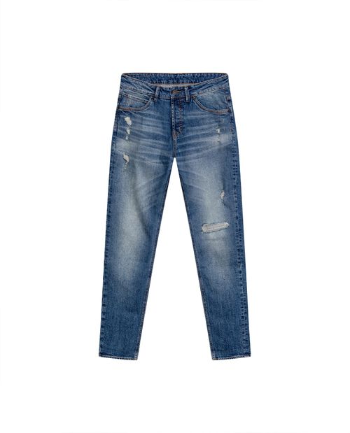 Jean de Hombre Rider Skinny Fit Tiro Bajo Lavado Medio Rotos Detalles en Costuras en Mezcla de Algodón