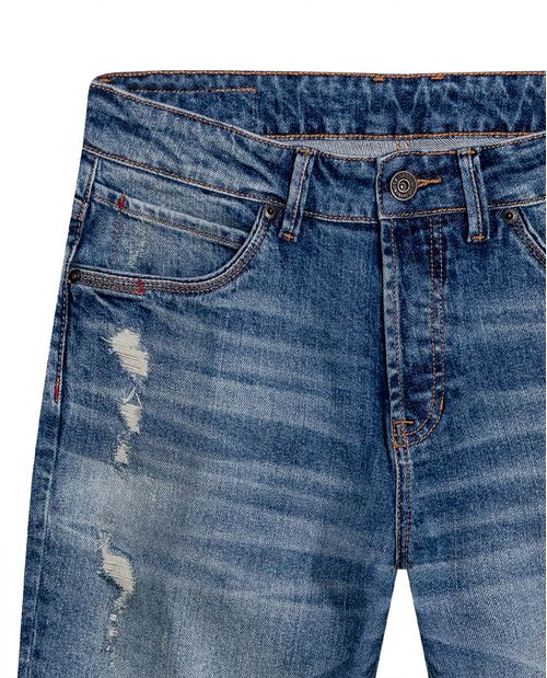 Jean de Hombre Rider Skinny Fit Tiro Bajo Lavado Medio Rotos Detalles en Costuras en Mezcla de Algodón