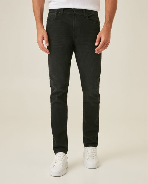 Jean de Hombre Skinny Fit Tiro Medio Lavado Negro Detalles en Cuero Mezcla de Algodón Famous