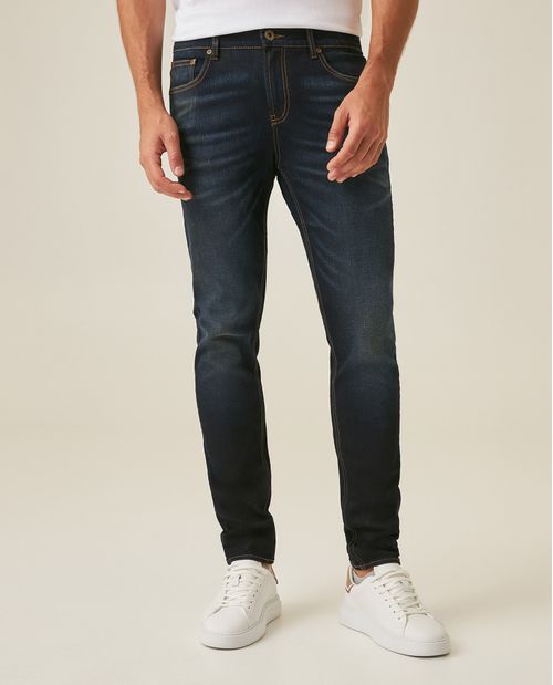 Jean de Hombre Rider Skinny Fit Tiro Bajo Lavado Ultra Oscuro con Desgastes en Mezcla de Algodón