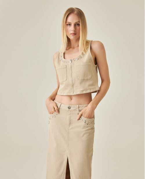 Camisa de Mujer Tank Slim Fit con Piedras Brillantes Lavado Crudo en Mezcla de Algodón